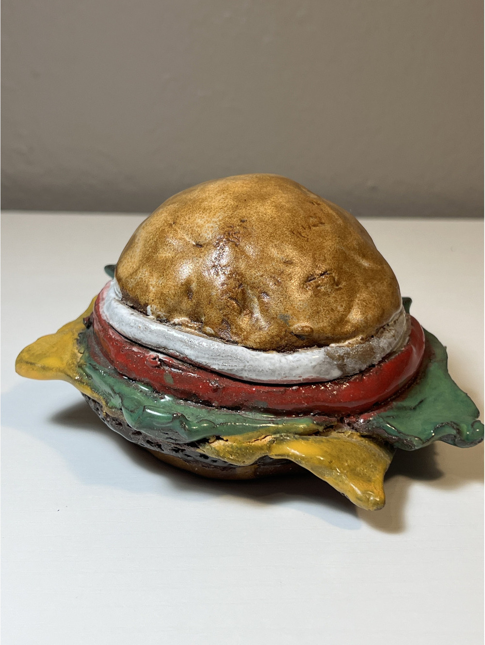 Vintage Handmade Studio Pottery Sculpture Ceramic Cheeseburger Food Art Signed